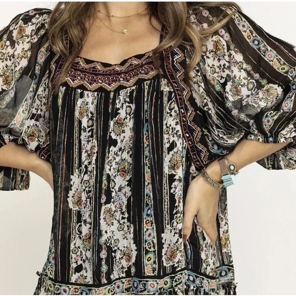 Free People Dance Magic Dress Womens Large Metallic Floral Oversized Embroidered